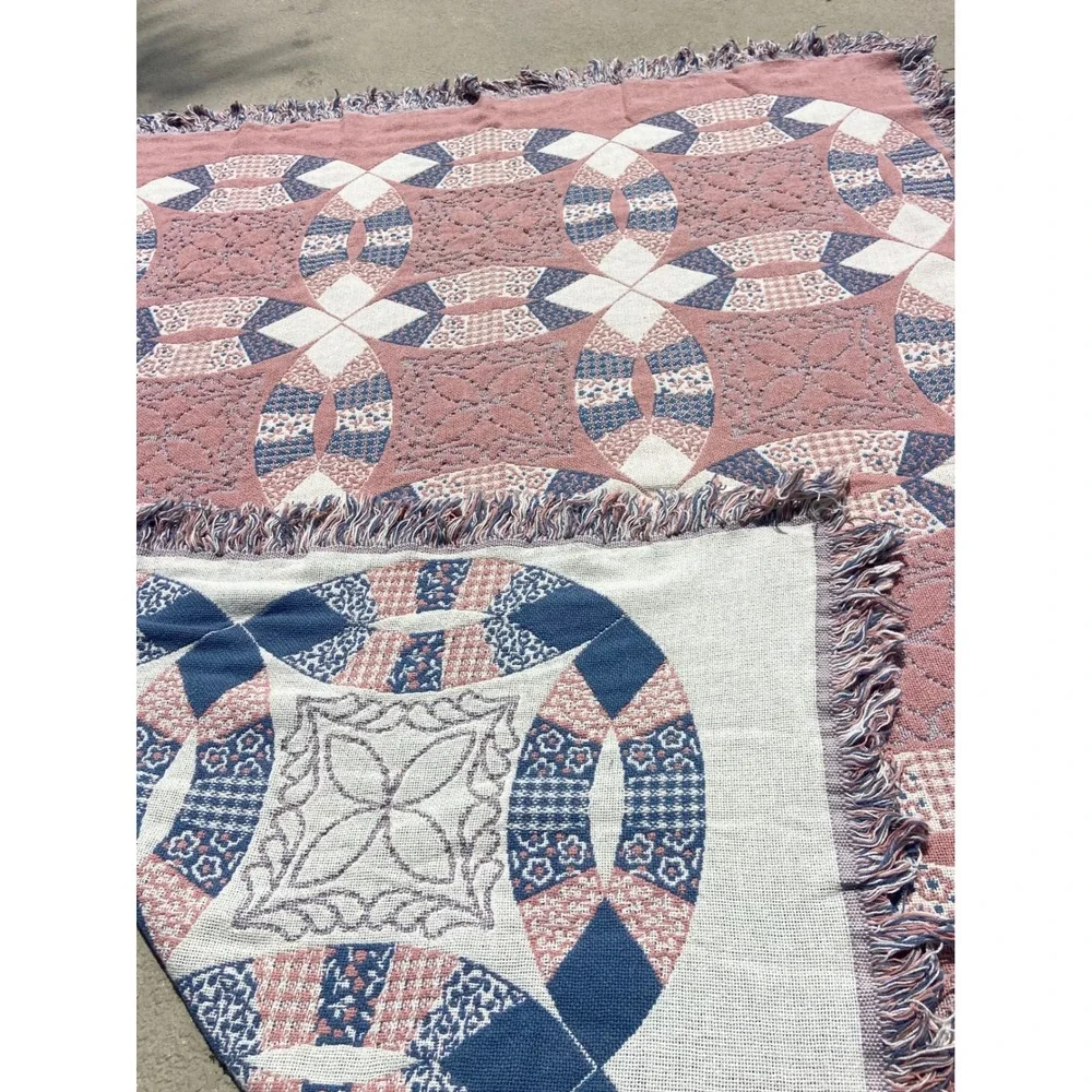 Goodwin Weavers Double Wedding Ring Woven Throw Blanket Reversible Pink Blue 70